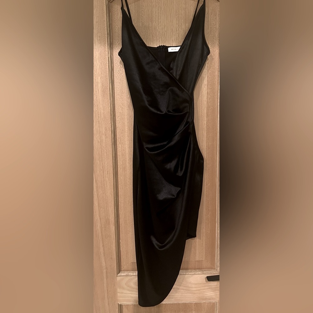 Better Be Black Satin C-Neck Asymmetrical Dress. Small Ruched On Sides